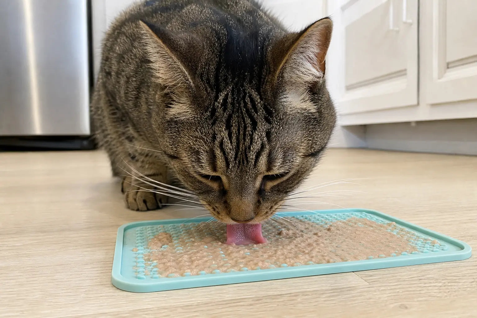 A domestic cat licking soft food from a shallow textured silicone lick mat on a floor.
