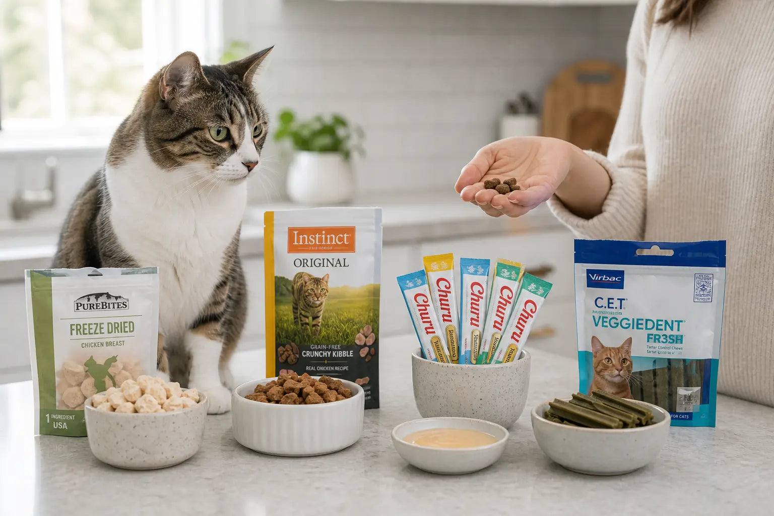Several types of cat treats in small bowls with a cat watching and a person holding small training treats