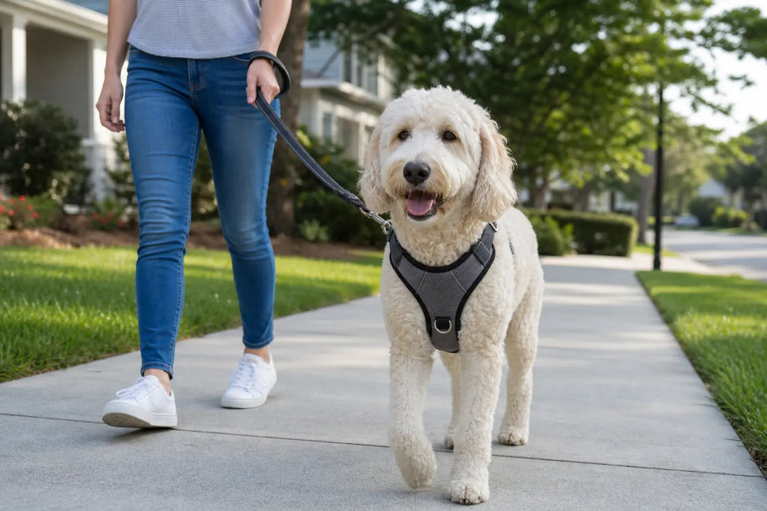 Dog wearing a fitted walking harness while being walked on a sidewalk by its owner.