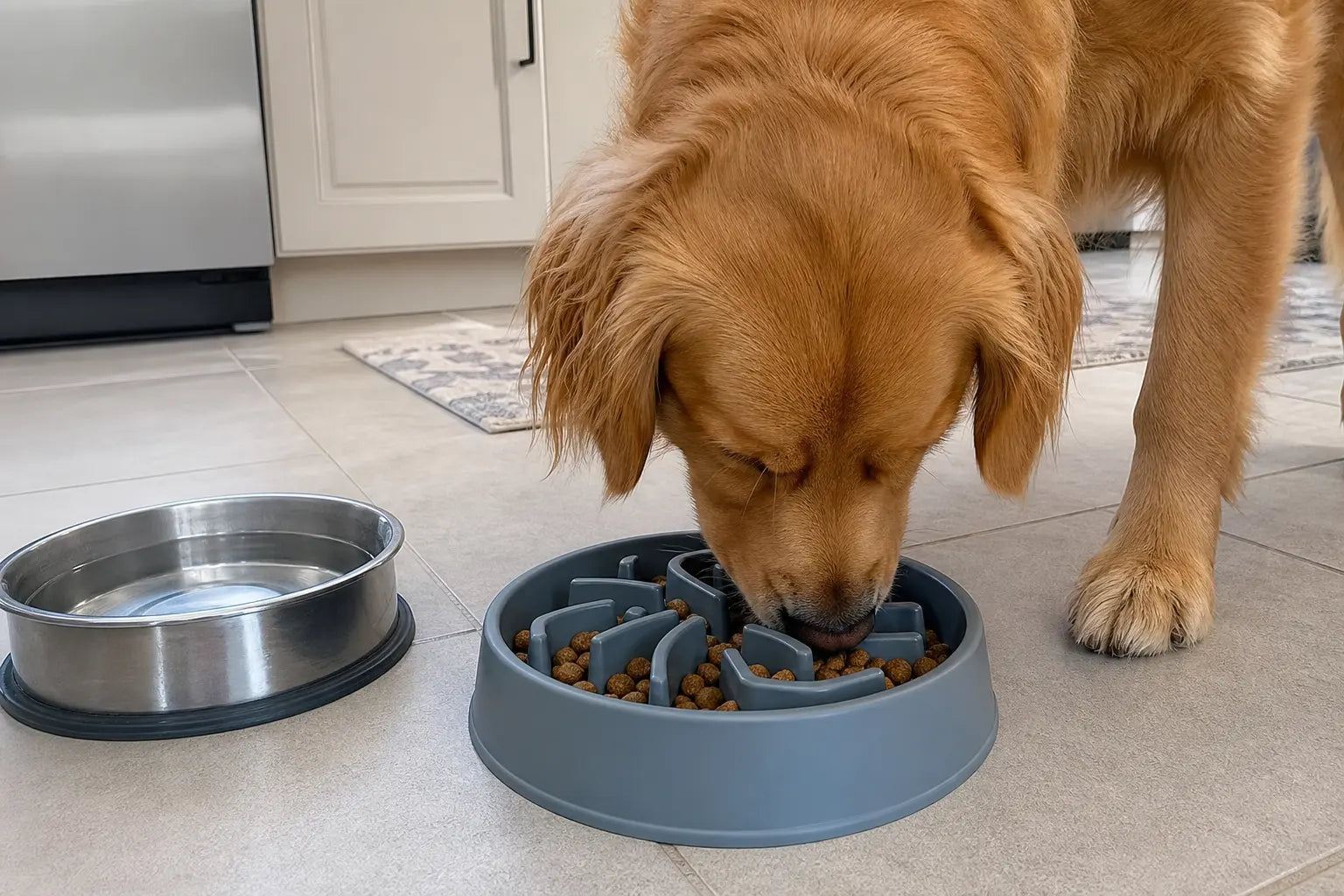 Dog eating kibble from a slow feeder bowl with raised ridges