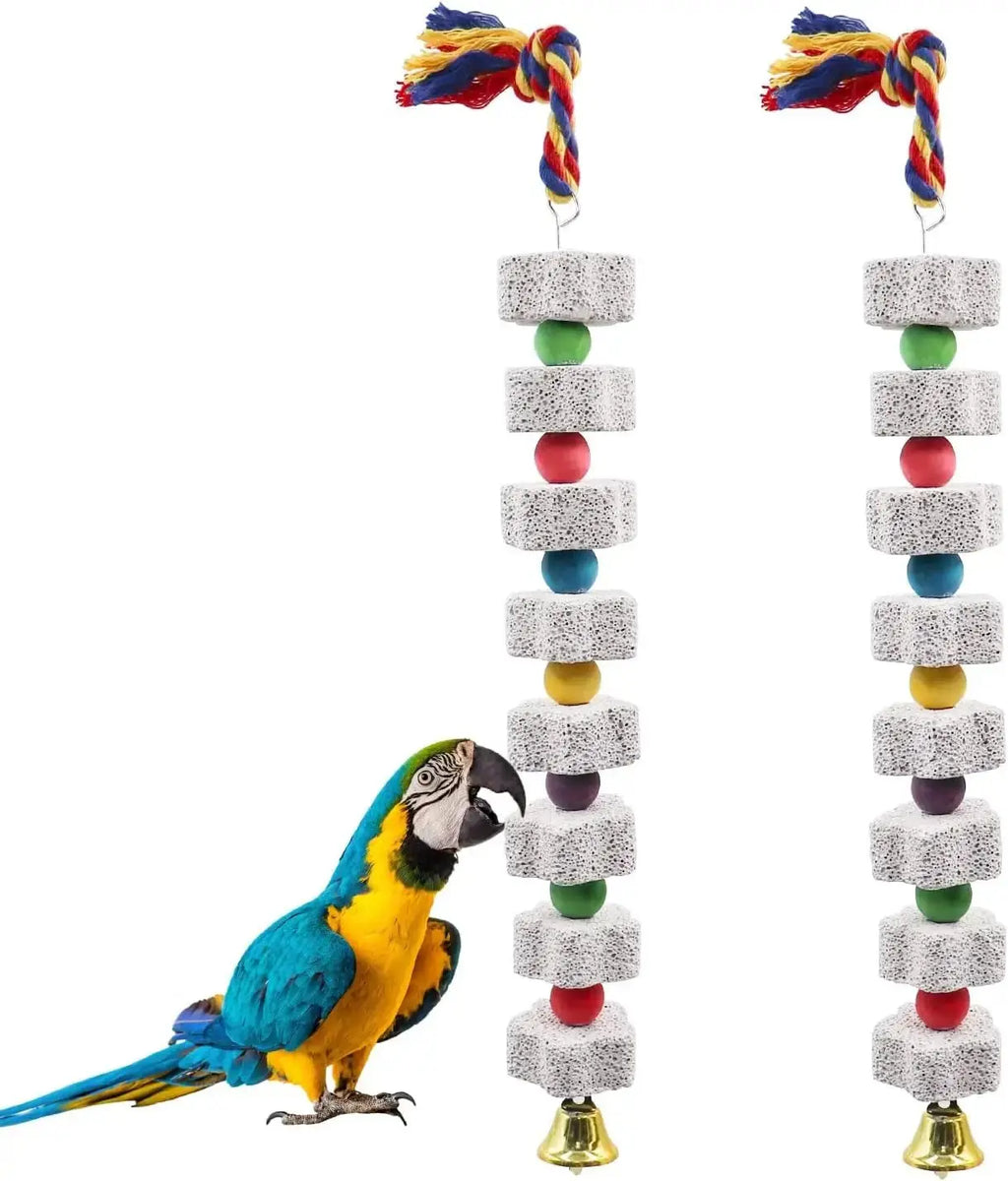 Two hanging parrot chew toys with stacked calcium blocks, colorful beads, and bells on a long rope.