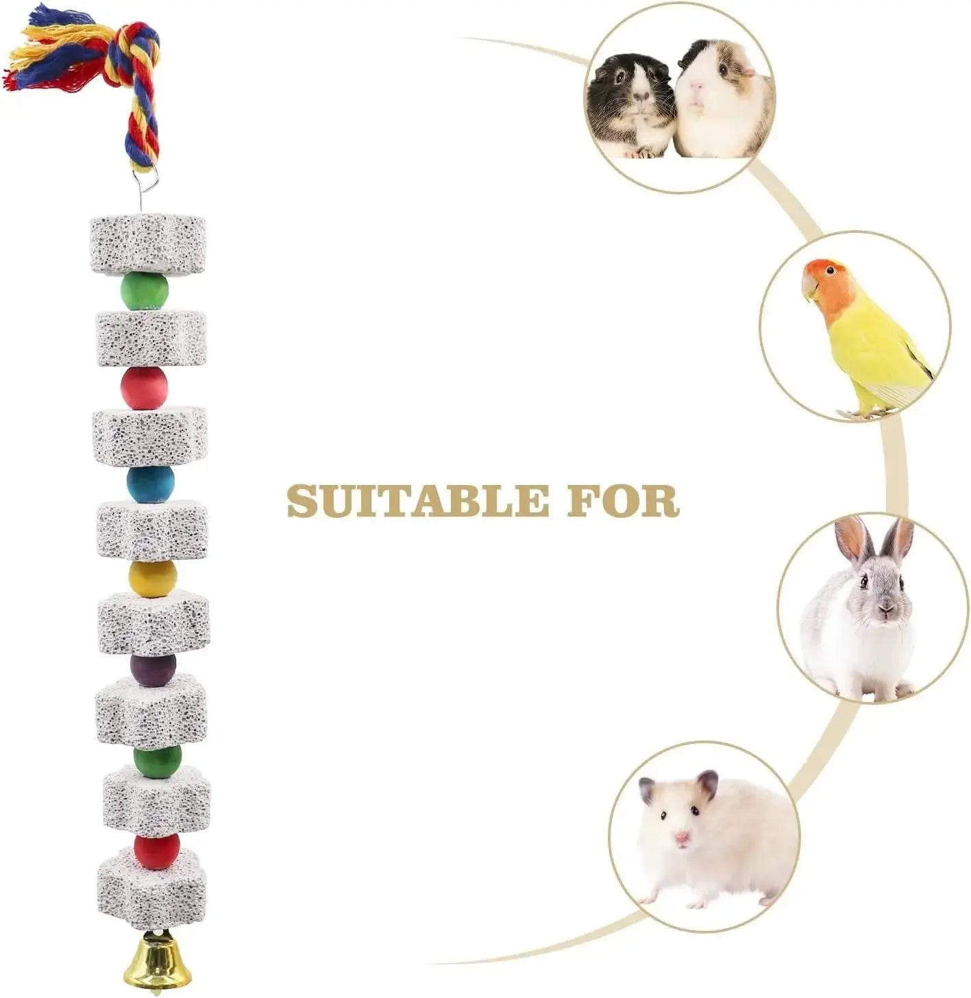 Two calcium-rich beak-grinding blocks with colorful beads on a 13.77-inch hanging parrot chew toy with bell.