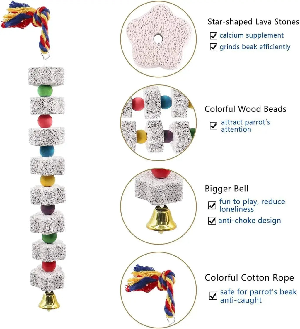 Two-pack parrot chew toy with extra-long 13.77-inch calcium blocks, colorful beads, and a bell.