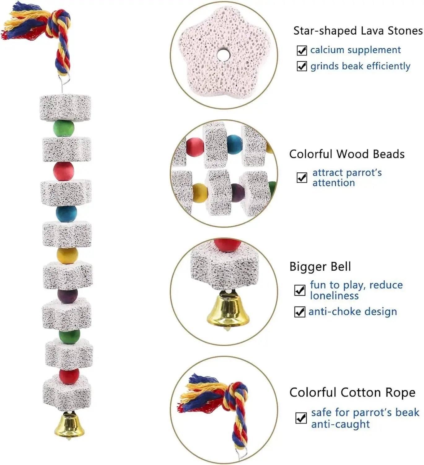 Two-pack parrot chew toy with extra-long 13.77-inch calcium blocks, colorful beads, and a bell.