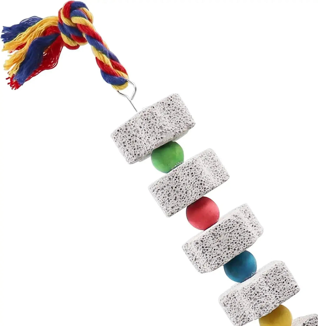 Two-pack parrot chew toy: 13.77-inch hanging calcium blocks with colorful beads for beak health and cage enrichment.
