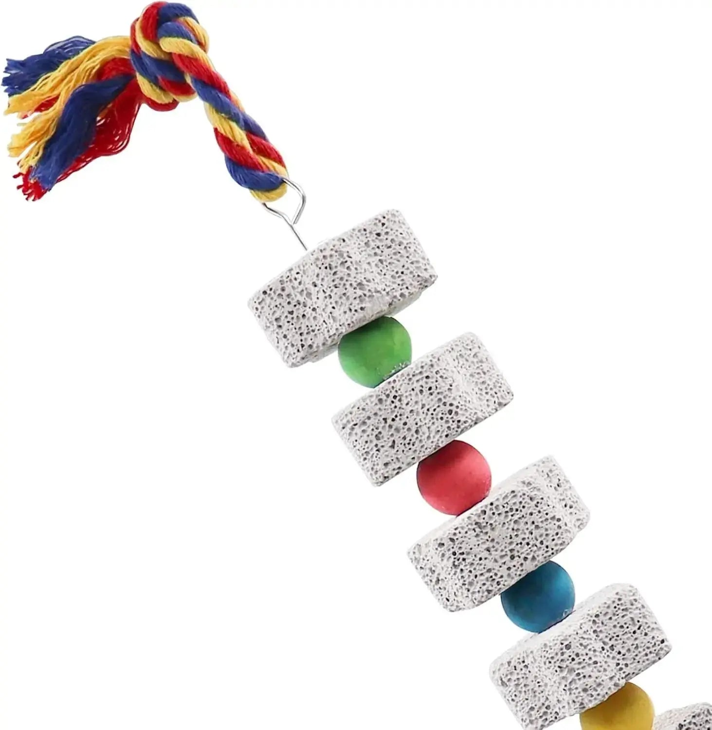 Two-pack parrot chew toy: 13.77-inch hanging calcium blocks with colorful beads for beak health and cage enrichment.