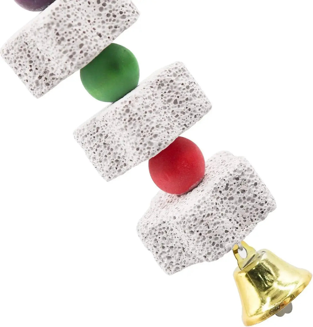 Two calcium-rich beak-grinding blocks on a 13.77-inch hanging toy with colorful beads and a bell.