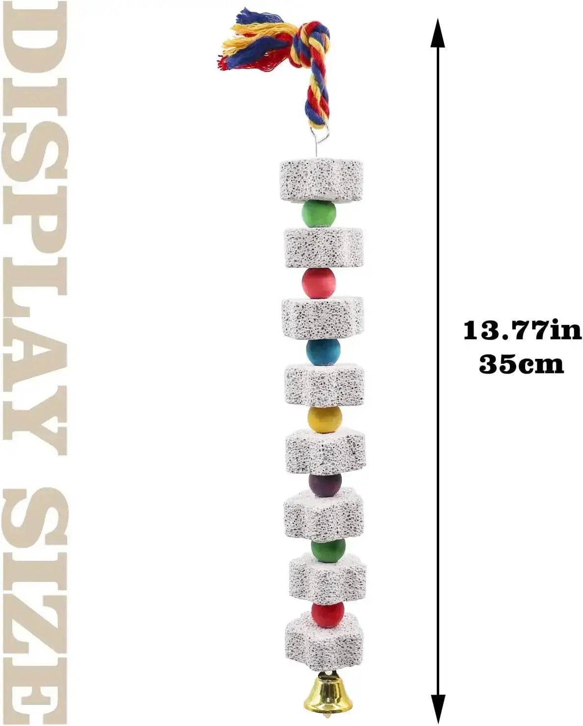 Two calcium-rich beak-grinding blocks on a 13.77in hanging parrot toy with colorful beads and bell.