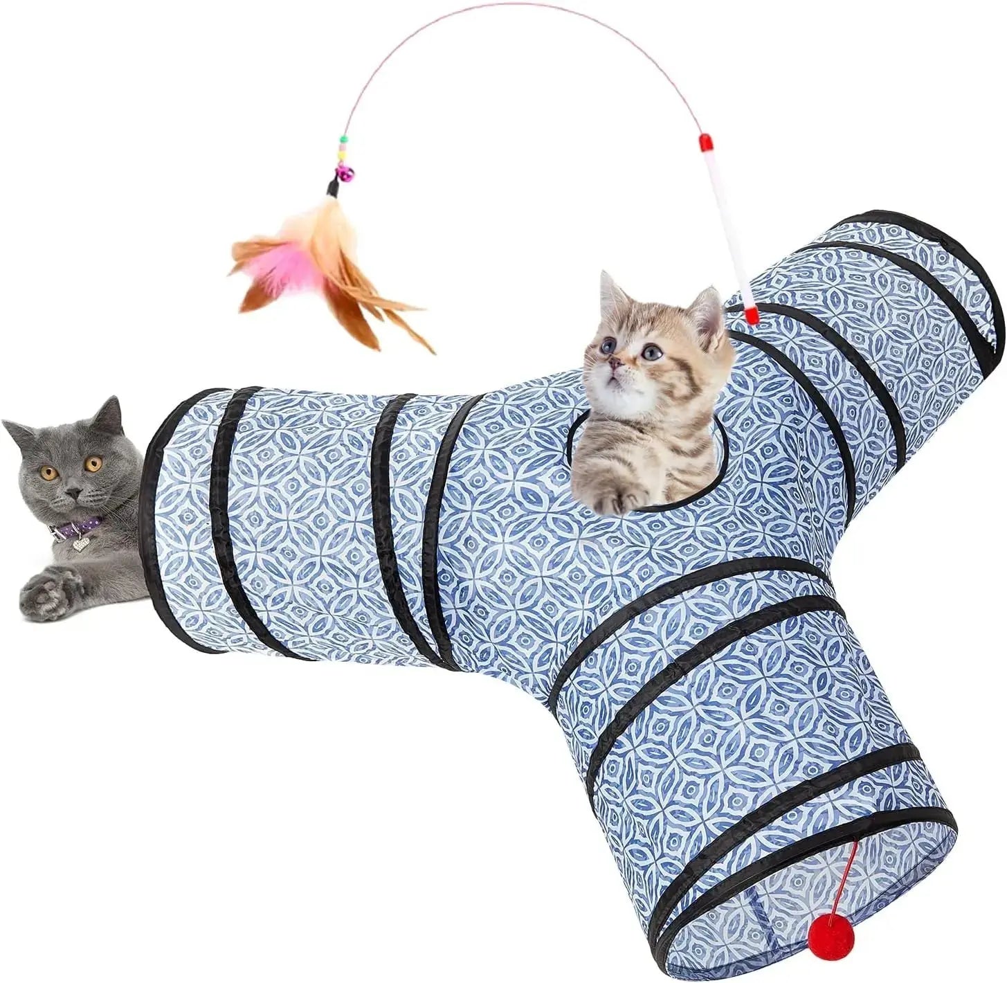 3-Way Collapsible Tunnel Cat Toy with Ball & Peek Hole for Indoor Cats & Kittens Wags & Whiskers Pet Supply