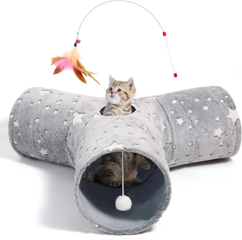 3-Way Collapsible Tunnel Cat Toy with Ball & Peek Hole for Indoor Cats & Kittens Wags & Whiskers Pet Supply