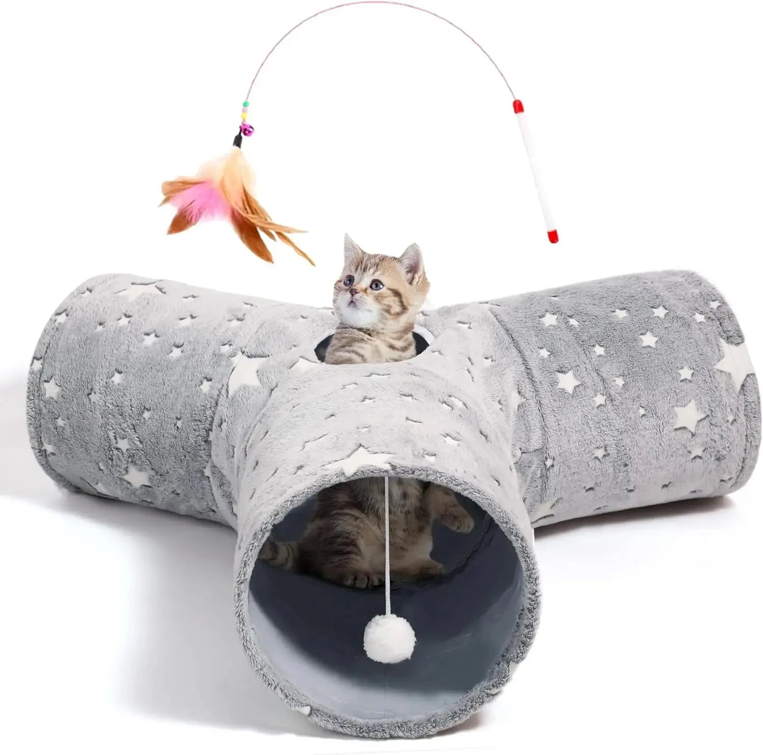 3-Way Collapsible Tunnel Cat Toy with Ball & Peek Hole for Indoor Cats & Kittens Wags & Whiskers Pet Supply