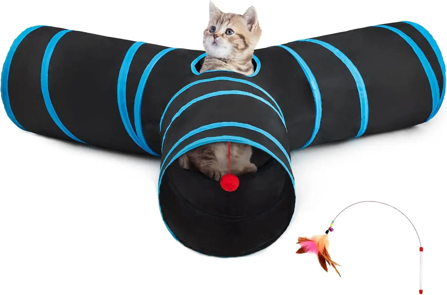 3-Way Collapsible Tunnel Cat Toy with Ball & Peek Hole for Indoor Cats & Kittens Wags & Whiskers Pet Supply