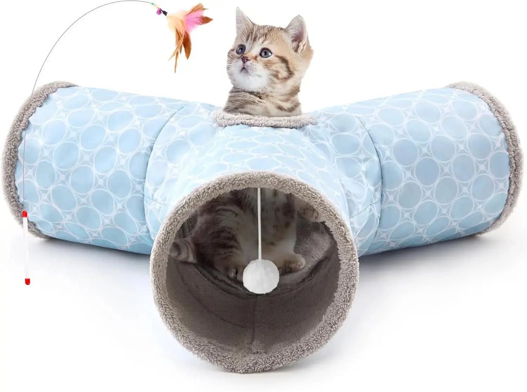 3-Way Collapsible Tunnel Cat Toy with Ball & Peek Hole for Indoor Cats & Kittens Wags & Whiskers Pet Supply
