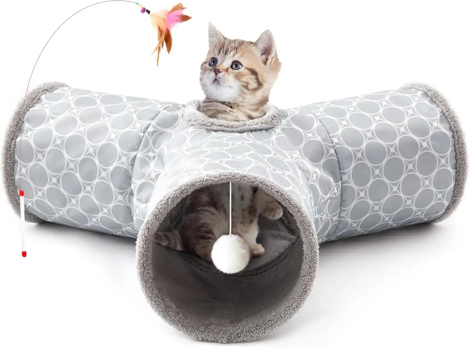 3-Way Collapsible Tunnel Cat Toy with Ball & Peek Hole for Indoor Cats & Kittens Wags & Whiskers Pet Supply