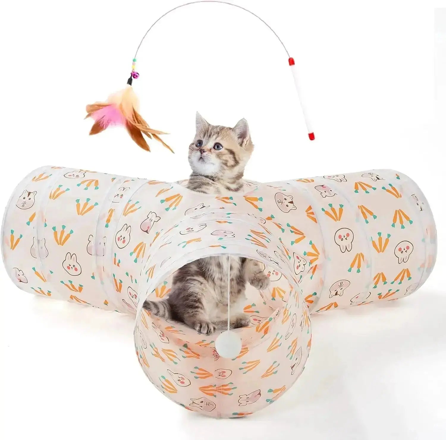3-Way Collapsible Tunnel Cat Toy with Ball & Peek Hole for Indoor Cats & Kittens by Wags & Whiskers Pet Supply