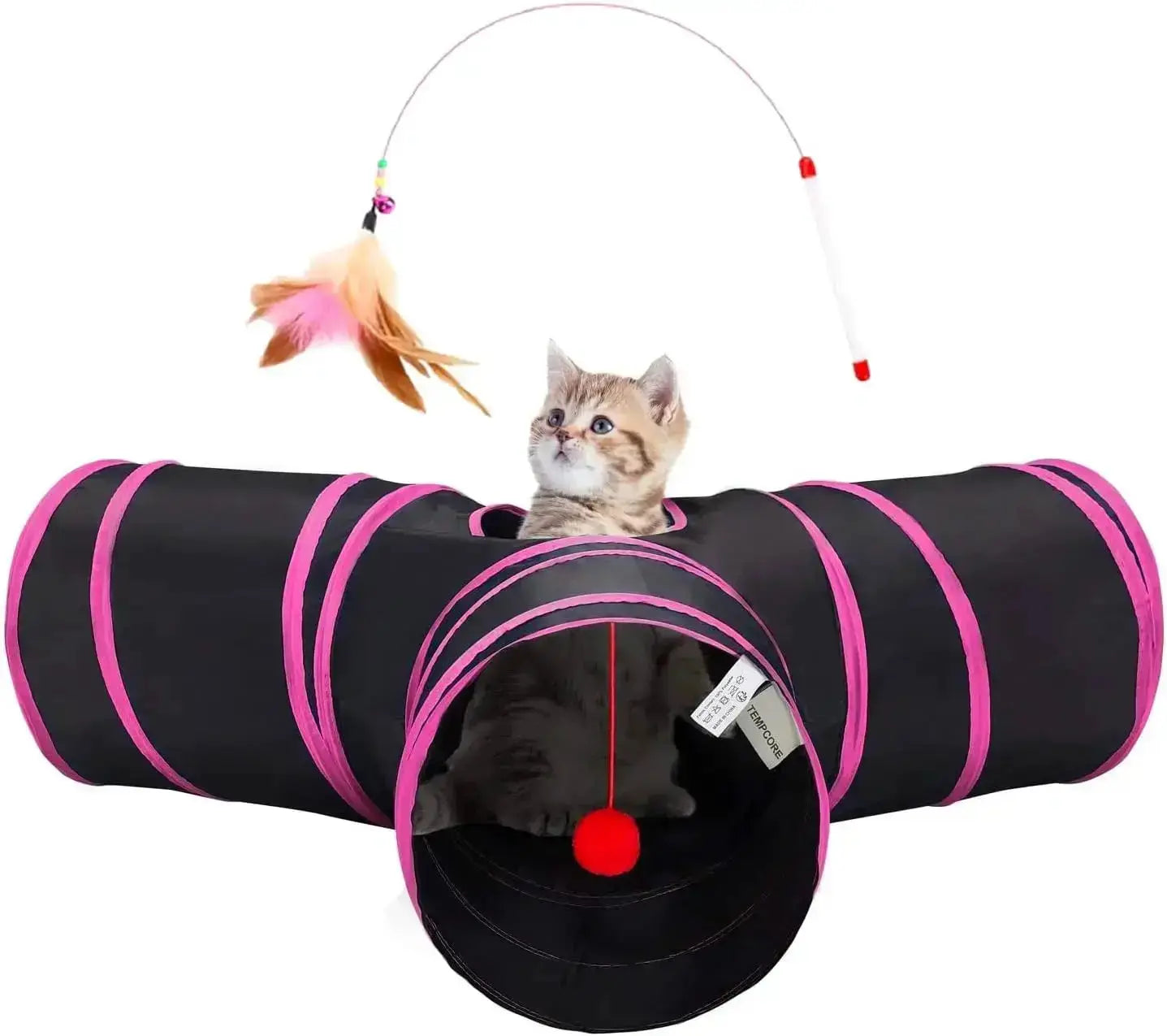 3-Way Collapsible Tunnel Cat Toy with Ball & Peek Hole for Indoor Cats & Kittens by Wags & Whiskers Pet Supply