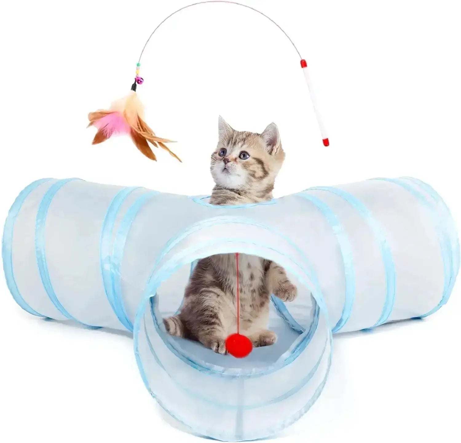 3-Way Collapsible Tunnel Cat Toy with Ball & Peek Hole for Indoor Cats & Kittens by Wags & Whiskers Pet Supply