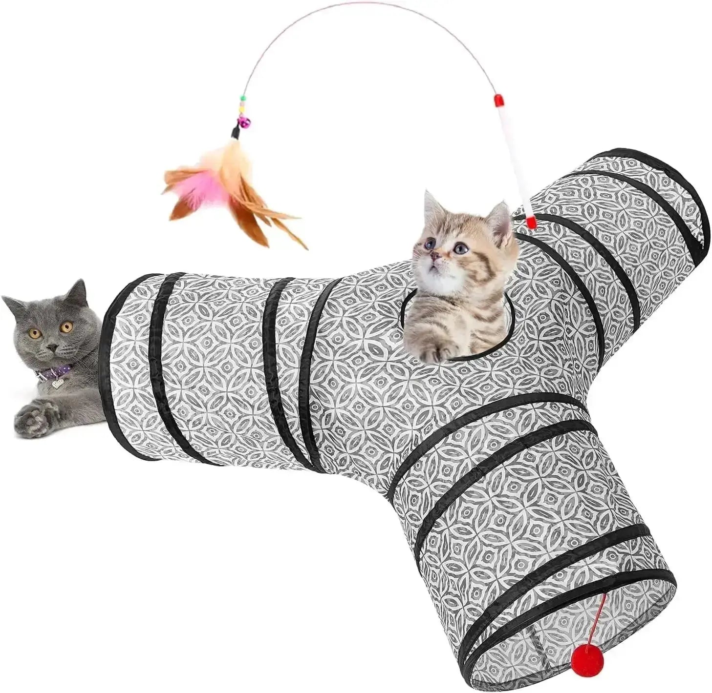 3-Way Collapsible Tunnel Cat Toy with Ball & Peek Hole for Indoor Cats & Kittens by Wags & Whiskers Pet Supply