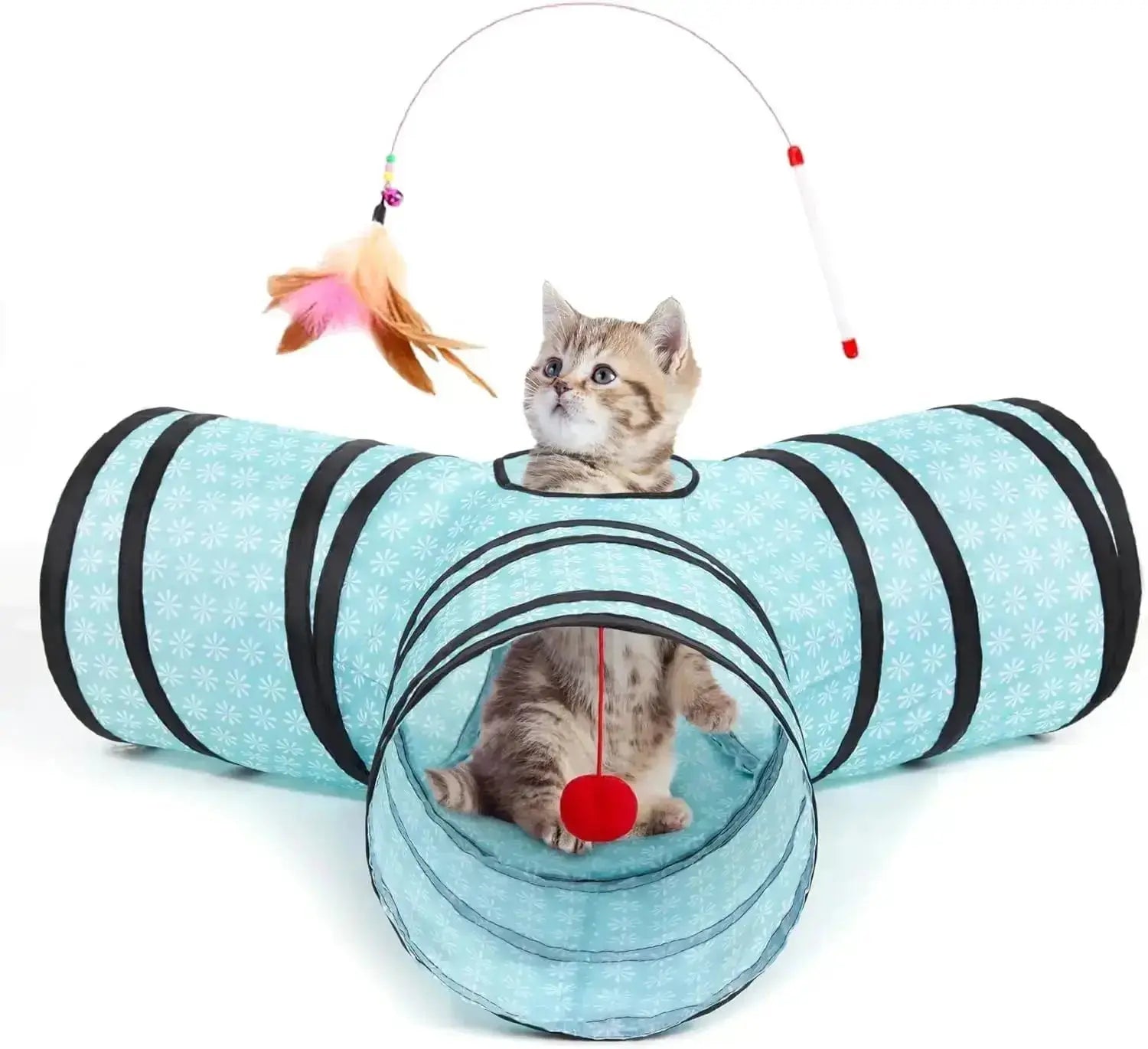 3-Way Collapsible Tunnel Cat Toy with Ball & Peek Hole for Indoor Cats & Kittens by Wags & Whiskers Pet Supply