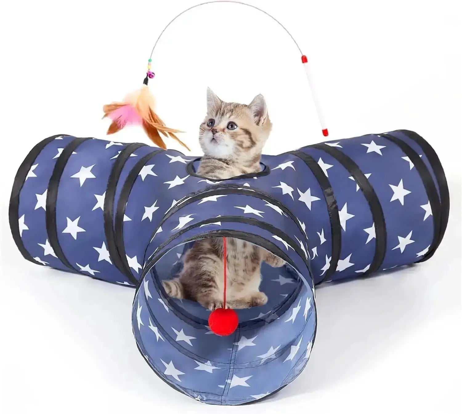 3-Way Collapsible Tunnel Cat Toy with Ball & Peek Hole for Indoor Cats & Kittens by Wags & Whiskers Pet Supply