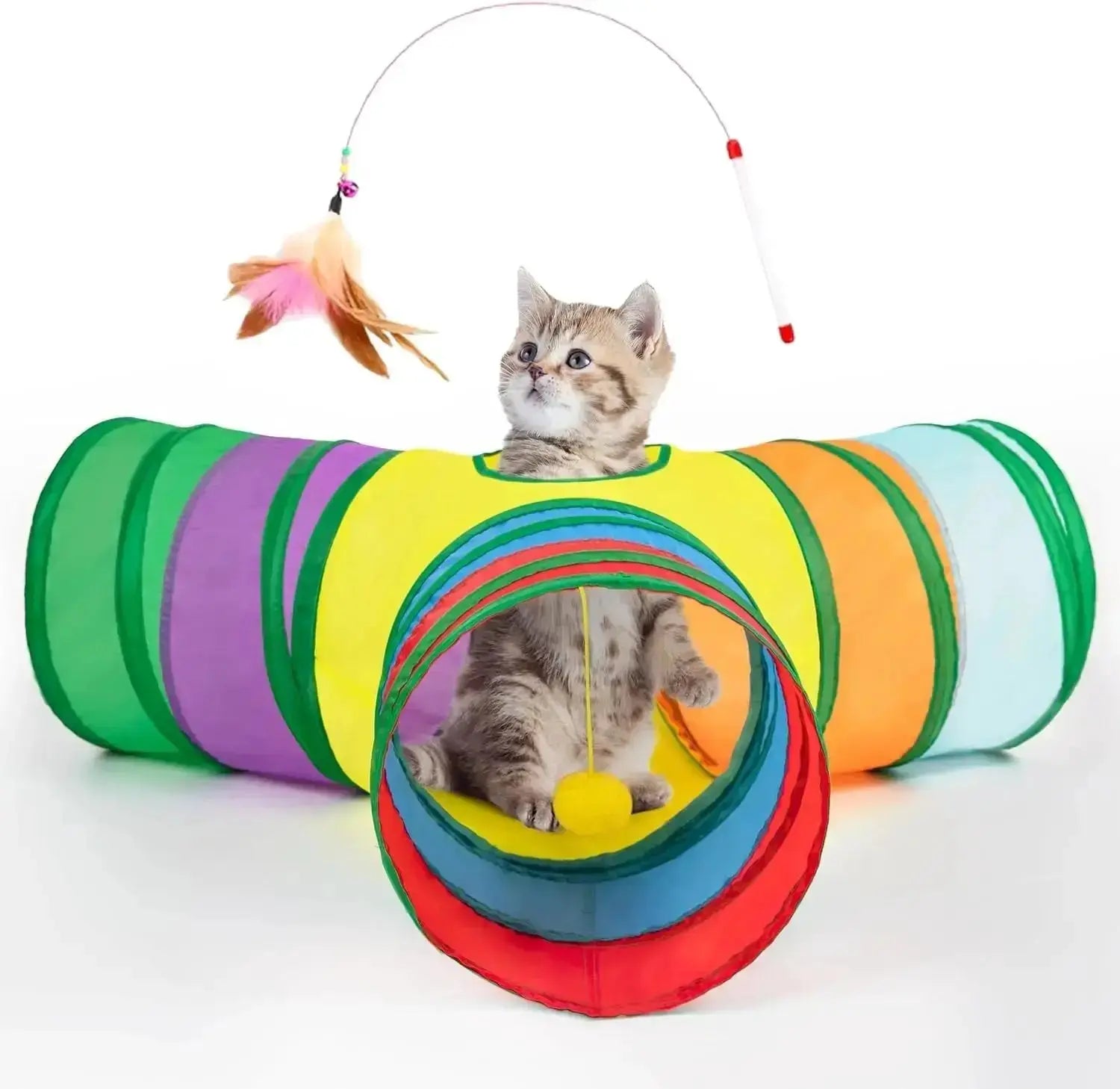 3-Way Collapsible Tunnel Cat Toy with Ball & Peek Hole for Indoor Cats & Kittens by Wags & Whiskers Pet Supply
