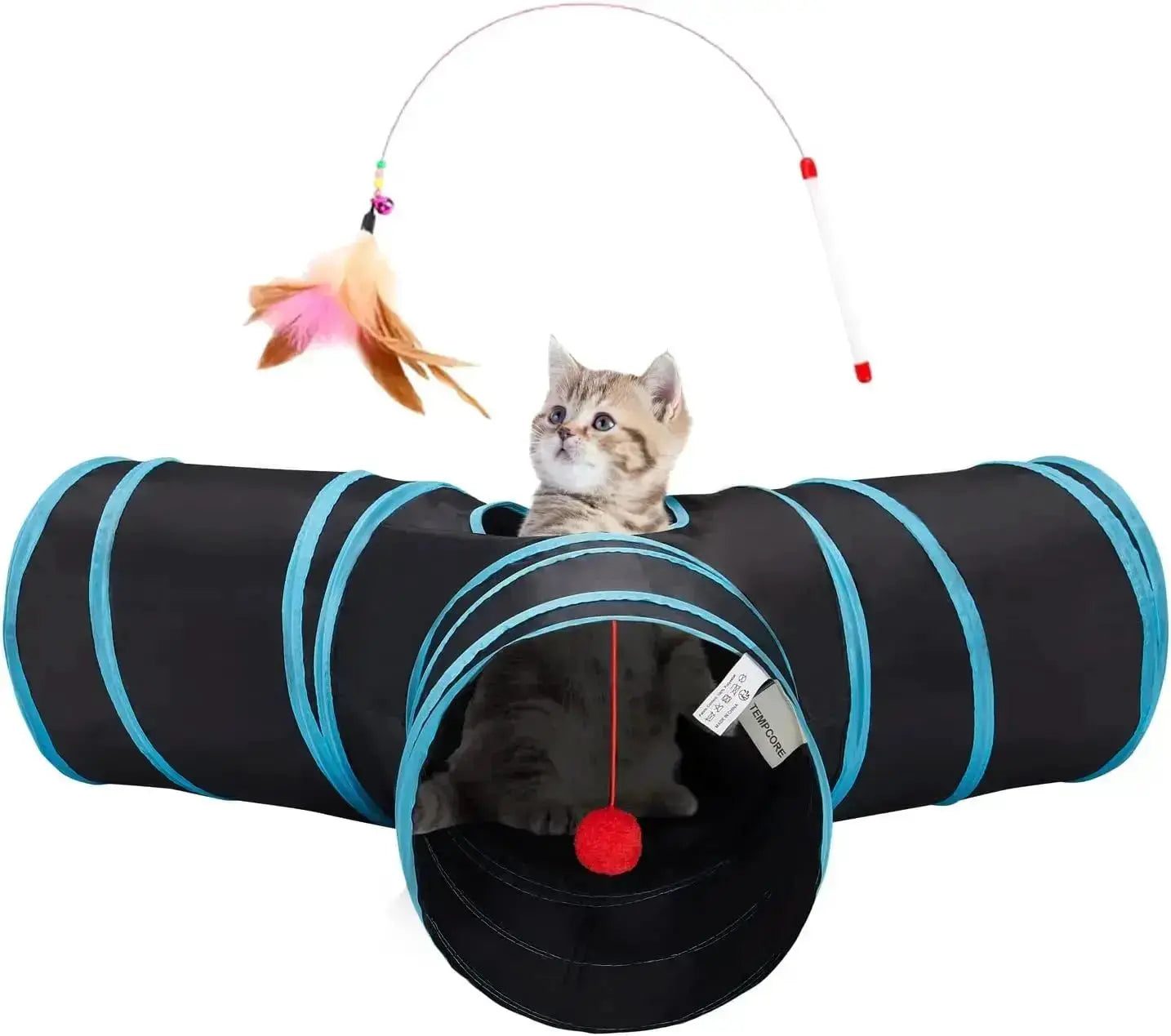 3-Way Collapsible Tunnel Cat Toy with Ball & Peek Hole for Indoor Cats & Kittens by Wags & Whiskers Pet Supply