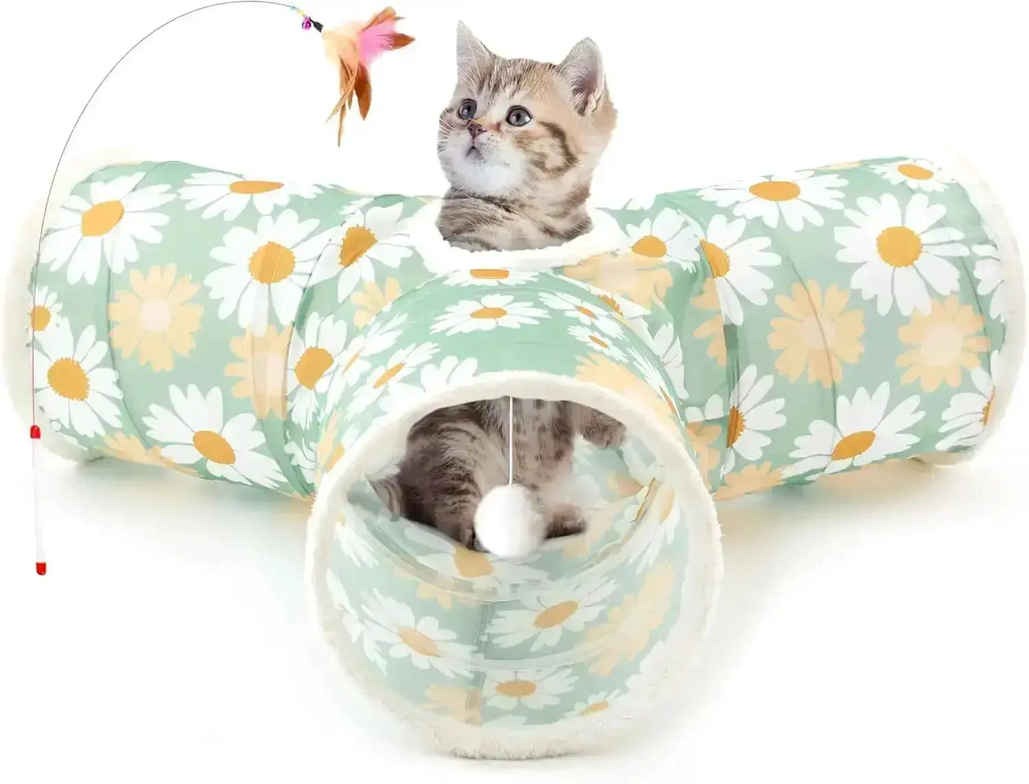 3-Way Collapsible Tunnel Cat Toy with Ball & Peek Hole for Indoor Cats & Kittens by Wags & Whiskers Pet Supply