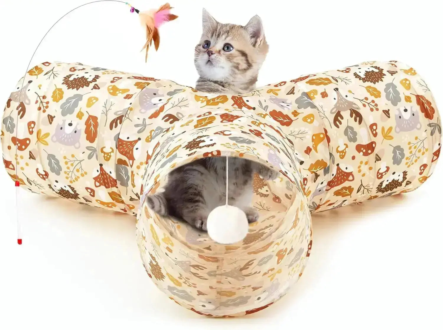 3-Way Collapsible Tunnel Cat Toy with Ball & Peek Hole for Indoor Cats & Kittens by Wags & Whiskers Pet Supply