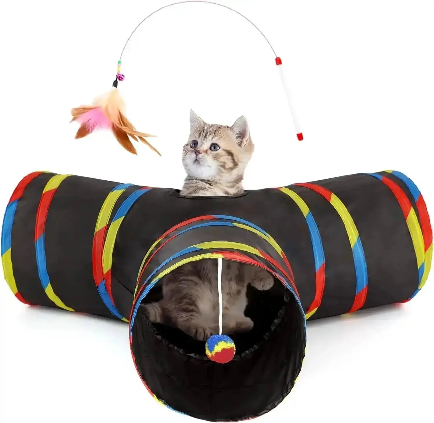 3-Way Collapsible Tunnel Cat Toy with Ball & Peek Hole for Indoor Cats & Kittens by Wags & Whiskers Pet Supply