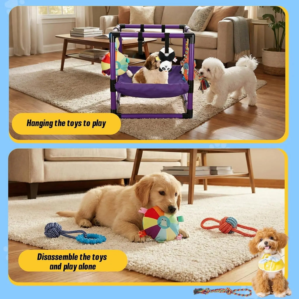 Indoor Puppy Play Gym with Hammock 8 Toys Dog Enrichment Activity Center Wags & Whiskers Pet Supply