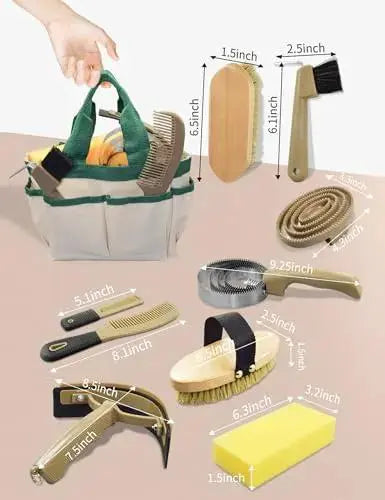 inoreal Professional 10 Pieces Horse Grooming Kit with Tote Bag, Horse Brush & Curry Comb Set for Effective Grooming and Bathing, Equine Coat Care Tack Room Supplies, Horse Gifts for Girls by inoreal