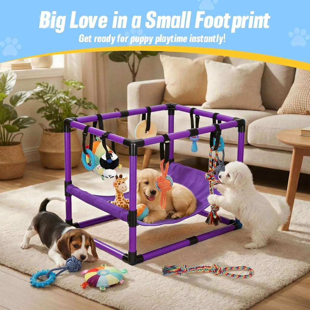 Indoor Puppy Play Gym with Hammock 8 Toys Dog Enrichment Activity Center Wags & Whiskers Pet Supply