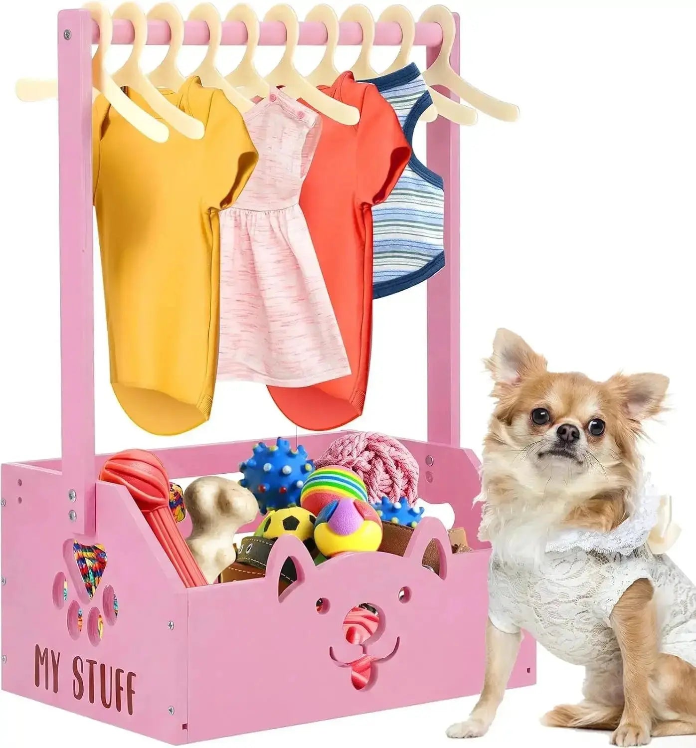 Dog Storage Organizer Wooden Closet Toy Bin Clothes Rack Hangers Pink/White by Wags & Whiskers Pet Supply