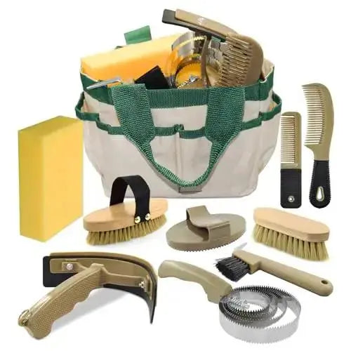 inoreal Professional 10 Pieces Horse Grooming Kit with Tote Bag, Horse Brush & Curry Comb Set for Effective Grooming and Bathing, Equine Coat Care Tack Room Supplies, Horse Gifts for Girls by inoreal