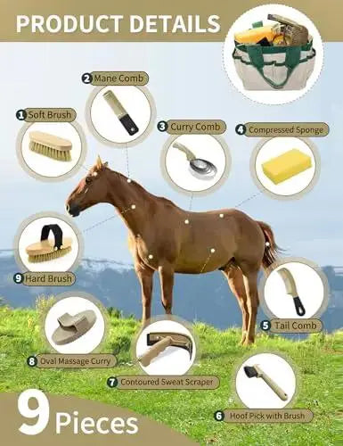 inoreal Professional 10 Pieces Horse Grooming Kit with Tote Bag, Horse Brush & Curry Comb Set for Effective Grooming and Bathing, Equine Coat Care Tack Room Supplies, Horse Gifts for Girls by inoreal
