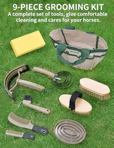 inoreal Professional 10 Pieces Horse Grooming Kit with Tote Bag, Horse Brush & Curry Comb Set for Effective Grooming and Bathing, Equine Coat Care Tack Room Supplies, Horse Gifts for Girls by inoreal