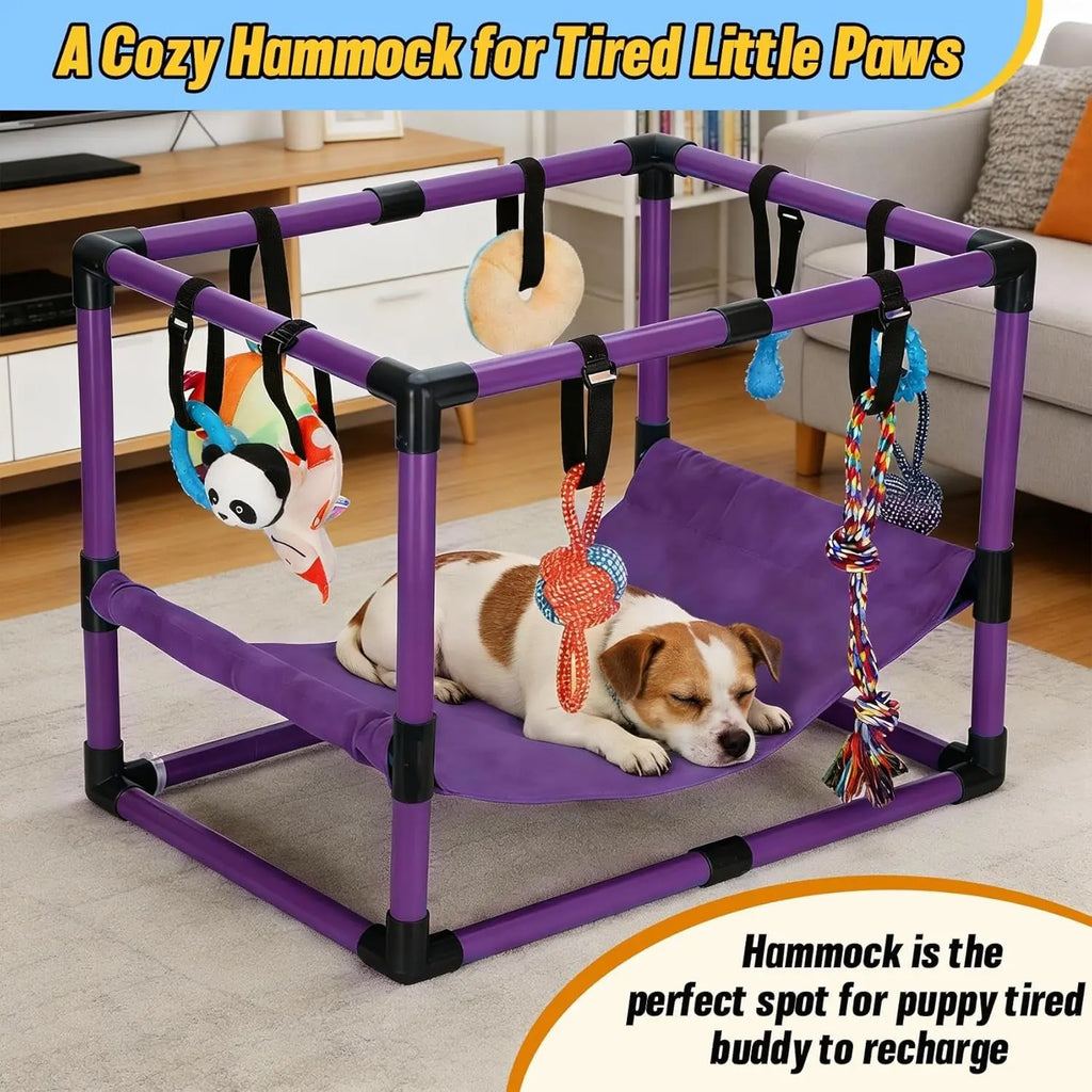 Indoor Puppy Play Gym with Hammock 8 Toys Dog Enrichment Activity Center Wags & Whiskers Pet Supply