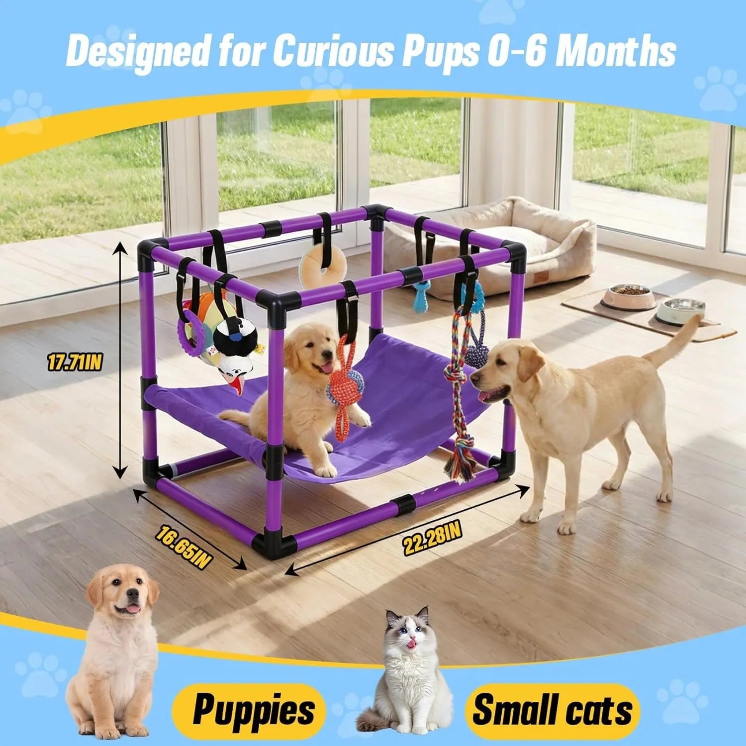 Indoor Puppy Play Gym with Hammock 8 Toys Dog Enrichment Activity Center Wags & Whiskers Pet Supply