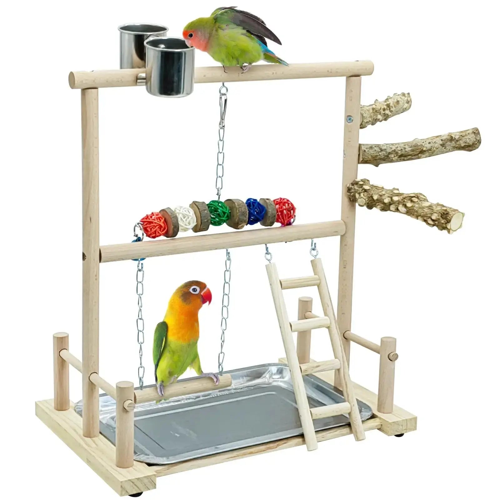 kathson Parrots Playground Bird Perch Wood Playstand Stand with Ladder Swing Feeder Cups Chew Toy for Parakeet Conure Cockatiel Budgie Lovebird Finch Small Birds by kathson