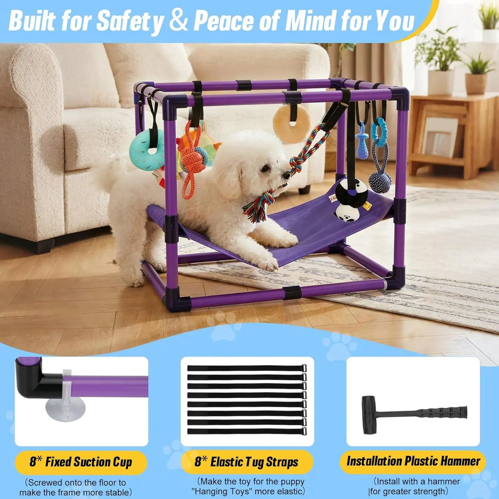 Indoor Puppy Play Gym with Hammock 8 Toys Dog Enrichment Activity Center Wags & Whiskers Pet Supply