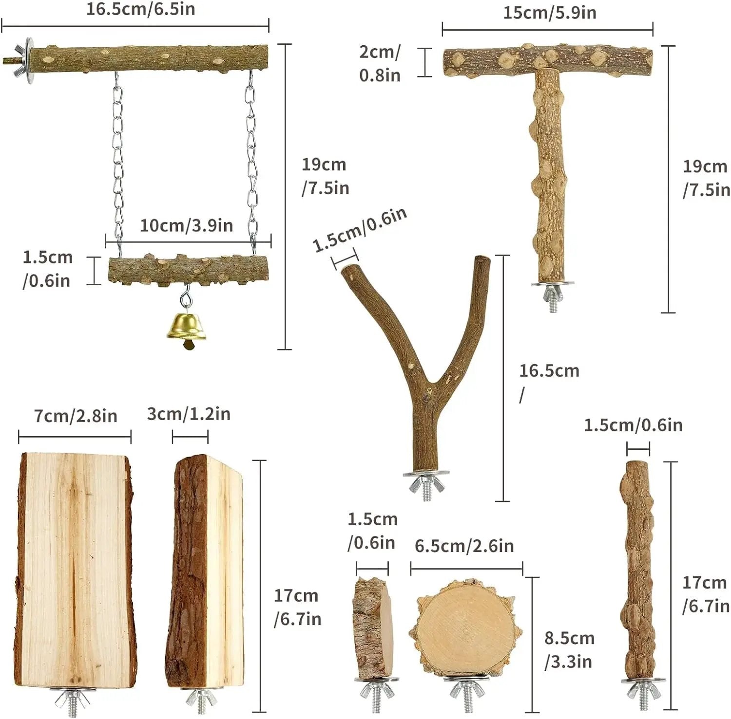 6pcs Natural Wood Bird Perches Parrot Cage Branch Stand Platform Set Small Birds by Wags & Whiskers Pet Supply