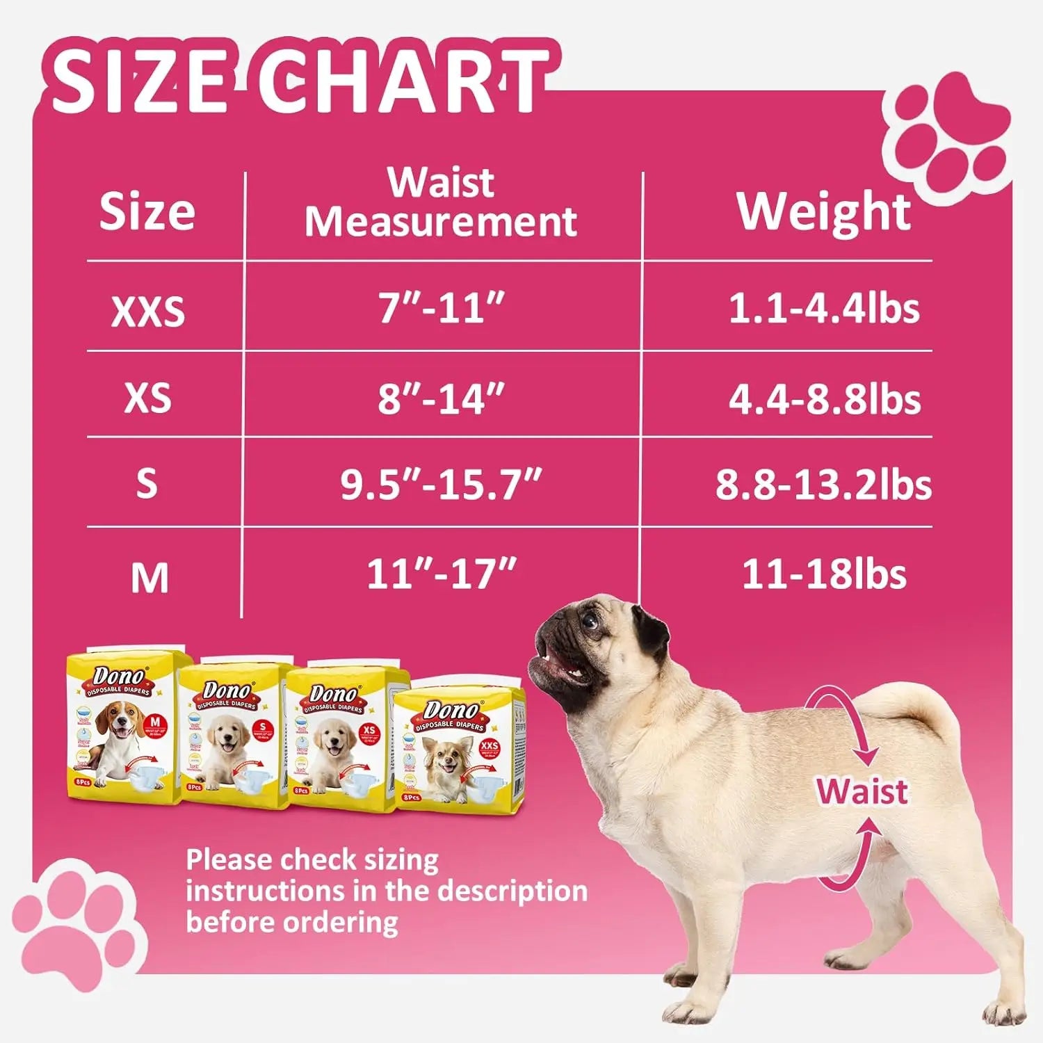 Female Dog Diapers 48 Count Disposable Leakproof Puppy Diapers XXS- Medium Wags & Whiskers Pet Supply