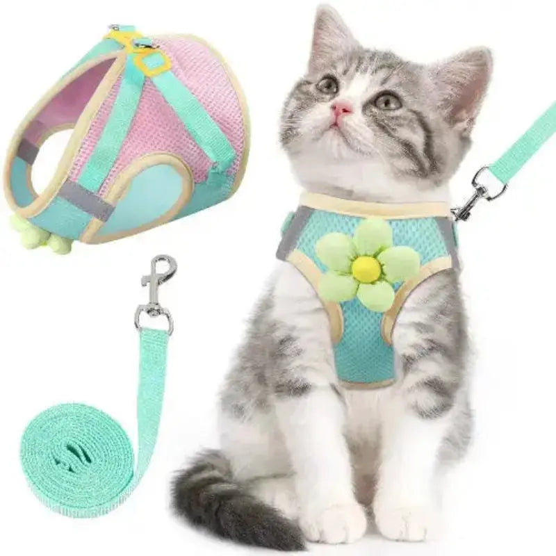 Cat Harness and Leash Set for Walking Escape Proof, Adjustable Kitten Harness Breathable Mesh with Reflective Strips Harness with Flower for Kitty Puppy Bunny by NCMAMA