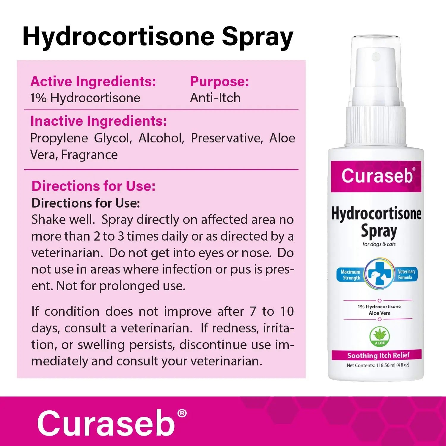 Curaseb Hydrocortisone Spray for Dogs & Cats – Instant Itch Relief for Hot Spots, Paw Licking, Rashes, Allergies, Bites, Dry Skin – with Soothing Aloe, 4oz by Curaseb