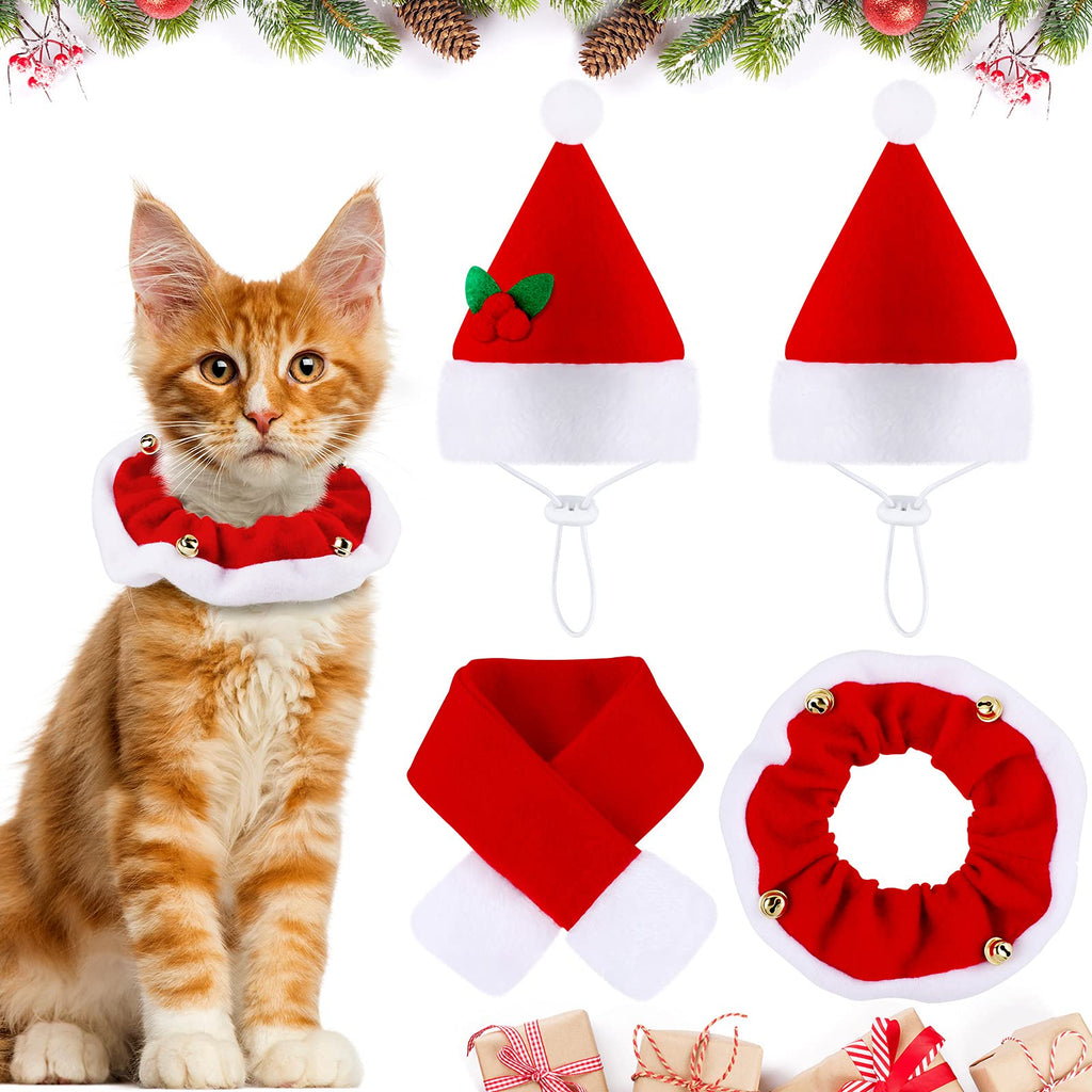 4 Pieces Christmas Cat Costumes Set Cat Santa Hats with Scarf and Collar Xmas Outfit for Cats Small Dogs Puppy Tiny Pets Christmas Muffler Head Wear Accessories