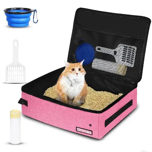Petskd Portable Cat Travel Litter Box with Lid and 10 Disposable Liner Bags, Leak-Proof and Collapsible, Ideal for Cat Owners, Travelers, Small, Black Plastic Box by Petskd