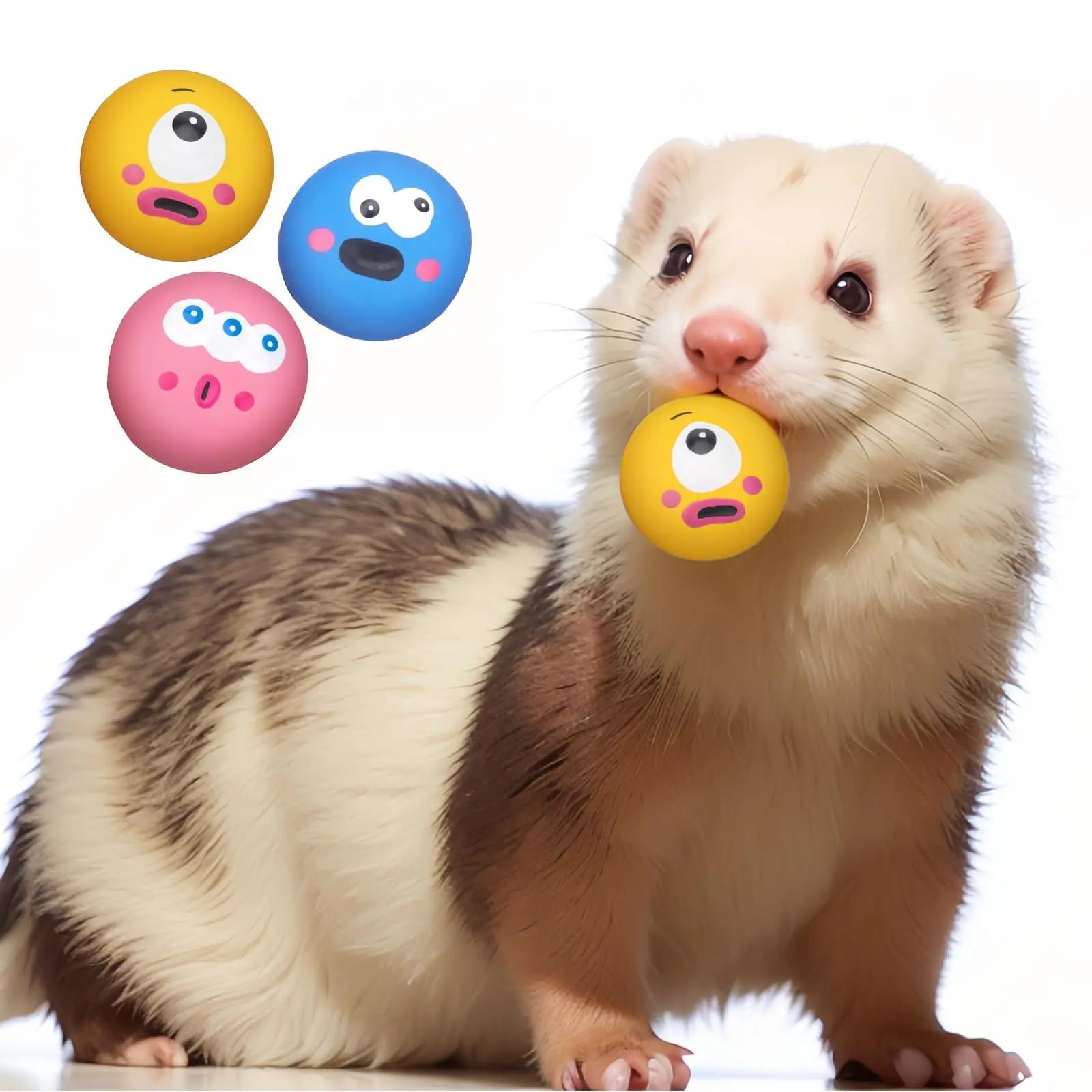 BESNEW Natural Rubber Squeaker Toys for Ferret,High Elasticity Ferret Latex Squeaker Balls 3 Pack,Tough Teething Toys Big Eyes Printed Toy Ball for Small Dogs,Easy to Clean by BESNEW