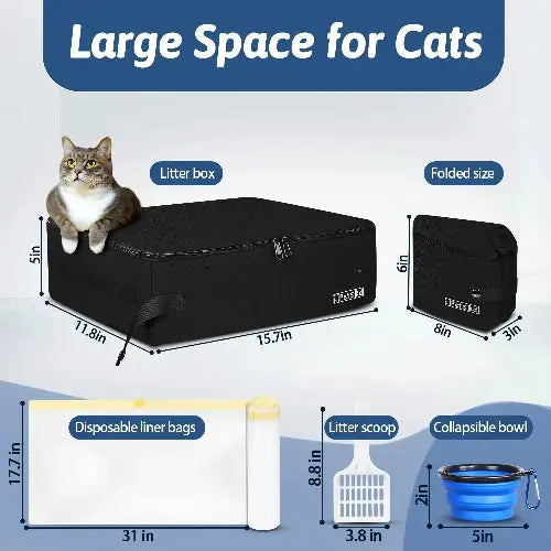 Petskd Portable Cat Travel Litter Box with Lid and 10 Disposable Liner Bags, Leak-Proof and Collapsible, Ideal for Cat Owners, Travelers, Small, Black Plastic Box by Petskd