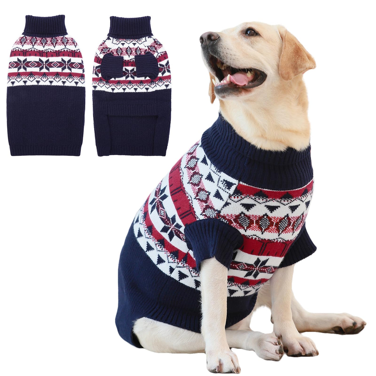IECOii Dog Christmas Sweater - Turtleneck Sleeveless Design with Leash Hole, Snowflake & Snowman Prints, Festive Holiday Pet Sweater