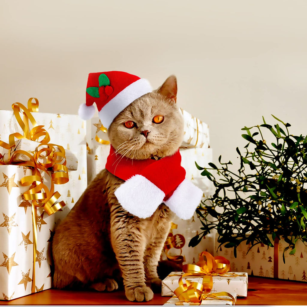 4 Pieces Christmas Cat Costumes Set Cat Santa Hats with Scarf and Collar Xmas Outfit for Cats Small Dogs Puppy Tiny Pets Christmas Muffler Head Wear Accessories